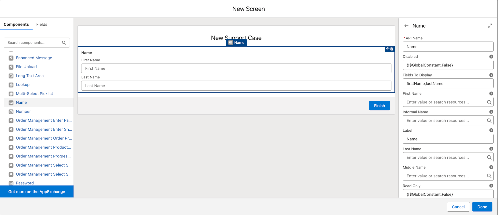Adding the Name component in the Screen Flow Element.